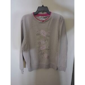 Hastings & Smith Sweatshirt Women L Beige Vtg Inspo Floral Embroidered Cozy Core
